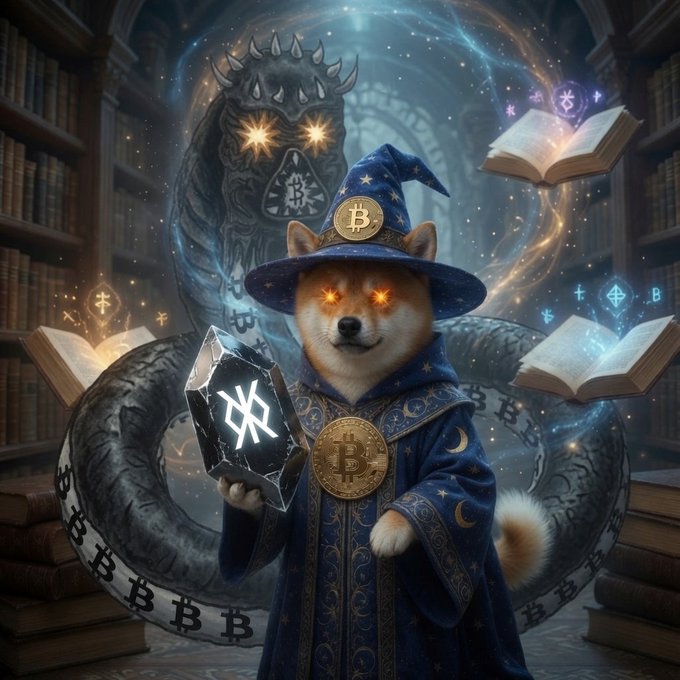 A regal Shiba Inu wizard donning a starry hat and Bitcoin-emblazoned robes wields a glowing rune stone, flanked by a massive serpent adorned with Bitcoin symbols and floating tomes inscribed with mystical sigils—evoking the post's claim that $DOG stands as the unrivaled, "unruggable" #1 Bitcoin-native memecoin, with BTC's $63K+ consolidation framed as the perfect launchpad for its ascent.