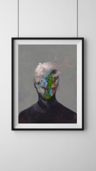 A framed artwork hanging on a white wall, depicting a dark silhouette of a figure whose head dissolves into colorful, fragmented brushstrokes.