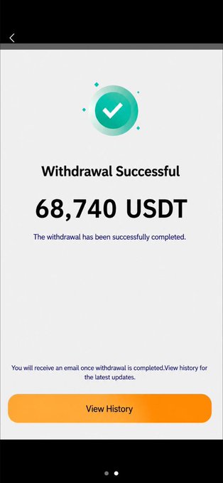 A mobile app screen showing a successful withdrawal confirmation for '68,740 USDT' with a green checkmark and a 'View History' button.