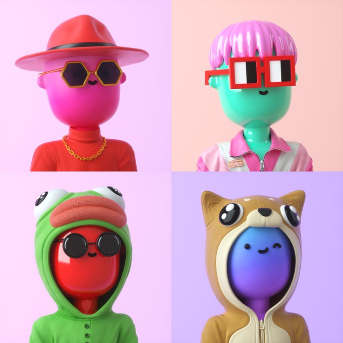 A 2x2 grid of 3D-rendered cartoon figures with colorful skin tones, including one in a red hat and sunglasses, one with red pixelated glasses, one in a frog hoodie, and one in a dog hoodie.