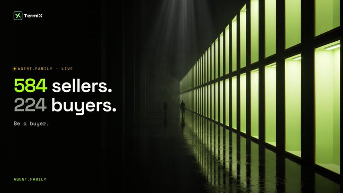 A TermiX promotional graphic with green-tinted corridor imagery, displaying '584 sellers. 224 buyers.' under the AGENT.FAMILY LIVE banner.