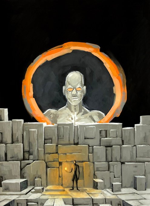 A lone figure with an intricate braided updo stands before a colossal glowing monolith in a marbled chamber, dwarfed by the monolithic structure and accompanied by delicate cherry blossoms. This surreal acrylic marker artwork titled "Titan" evokes a sense of mystery and scale, blending human fragility with monumental grandeur.