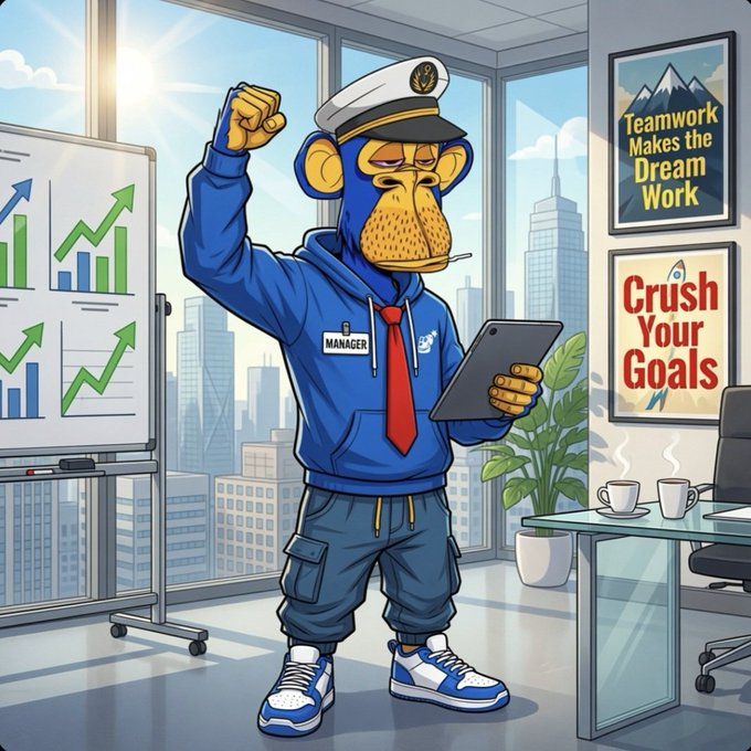 Cartoon illustration of a blue monkey wearing a captain's hat and 'MANAGER' name tag, holding a tablet in an office with motivational posters reading 'Teamwork Makes the Dream Work' and 'Crush Your Goals'.