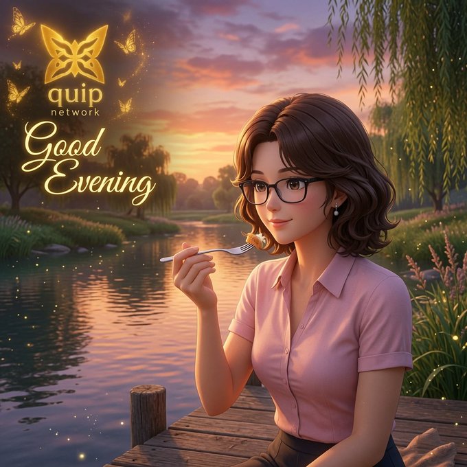 An illustrated 'Good Evening' greeting from 'quip network' featuring a cartoon woman with glasses eating by a lake at sunset.