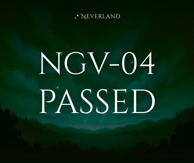 A dark green nightscape illustration features the "Neverland" logo at the top and bold white text reading "NGV-04 PASSED" in the center, visually announcing the successful outcome of the proposal to launch an Isolated AUSD/PT-AUSD Pendle Lending Market, which received 100% favorable votes.