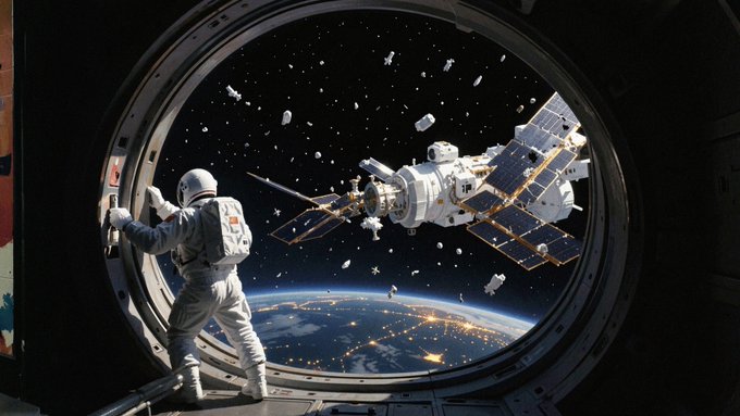 An astronaut in a white spacesuit stands inside a space station looking through a circular window at a satellite and space debris orbiting above Earth.