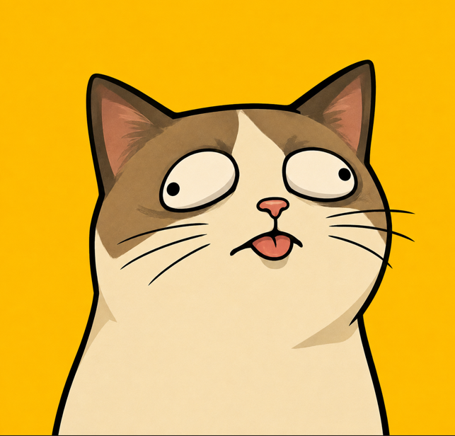 A cartoon illustration of a white and brown cat with wide, surprised eyes and a small open mouth on a bright yellow background.