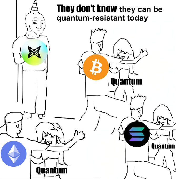 The image is a white doodle drawing of four people posing next to each other with various text overlays related to cryptocurrency and Quantum computers, including a post from @quipnetwork that says "You may not be aware that ... Quantum computers have the capability to crack codes across multiple different networks. With @quipnetwork, they're building something to address exactly that". The main focus of this image is on the drawing itself, but it also includes information related to the topic of cryptocurrency and Quantum computers.