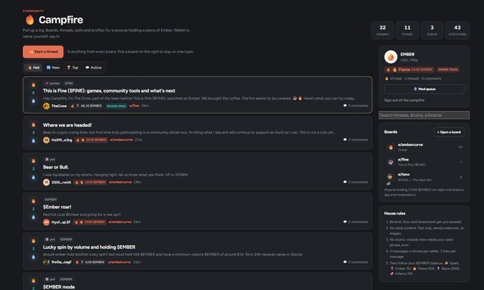 The image shows the "Campfire" forum interface for the Ember ($EMBER) cryptocurrency community, displaying 32 boards, 11 threads, 3 boards with recent activity, and 43 active members. The main discussion topics include threads about "This is Fine ($FINE): games, community tools and what's next," "Where we are headed?," "Bear or Bull," and "$Ember roar!" with a House Rules section visible in the sidebar.