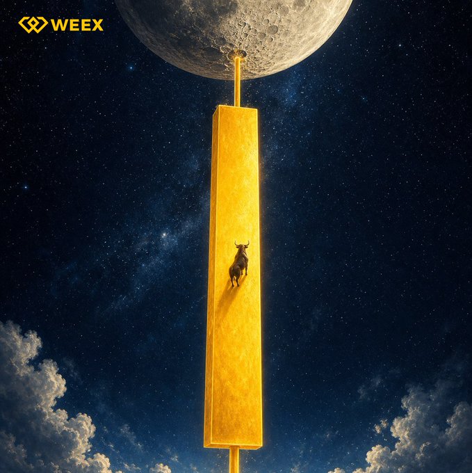 A surreal image of a tall golden pillar extending from a starry sky to the moon, with a bull climbing the pillar; the WEEX logo appears in the top-left corner.