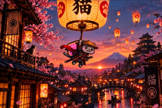 A stylized fantasy illustration of a cat samurai ninja hanging from a large paper lantern decorated with paw prints and the Japanese character '猫' (cat), set against a Japanese village with Mt. Fuji and cherry blossoms.