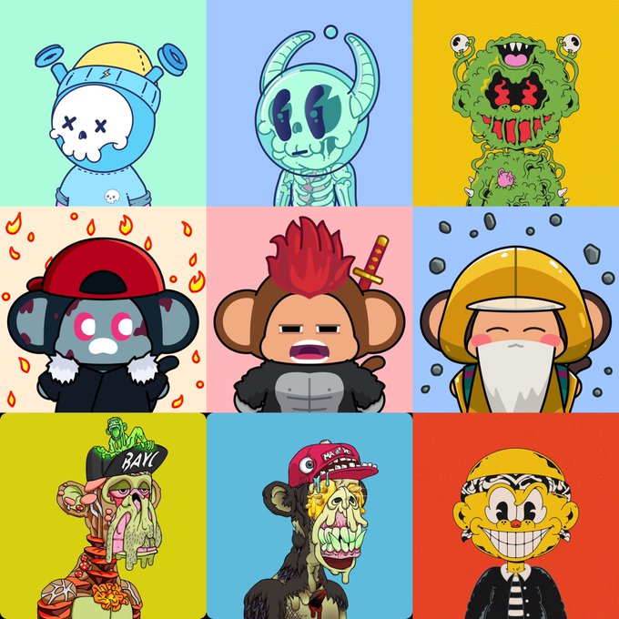 A 3x3 grid of nine colorful cartoon characters featuring various quirky designs including a skull-headed figure, horned alien, green monster, monkey warriors, and zombie-style creatures on brightly colored backgrounds.