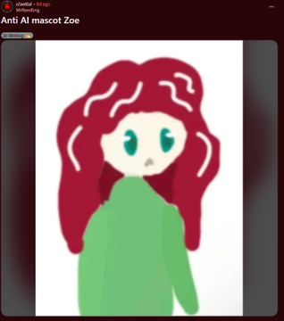 A digital drawing of a character with voluminous maroon hair, green eyes, and a green sweater, posted in a livestream chat titled "Anti AI mascot Zoe".