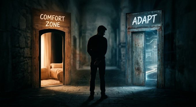 A man stands in a dark corridor facing two doors labeled 'COMFORT ZONE' with a warm bedroom scene and 'ADAPT' with a futuristic glowing pathway, symbolizing a choice between ease and growth.