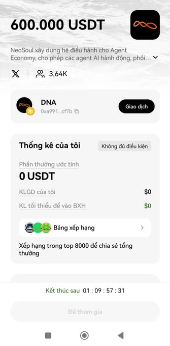 A mobile app screen showing a 600,000 USDT promotional event by NeoSoul for the DNA token, with Vietnamese text indicating estimated rewards of 0 USDT and a countdown timer.