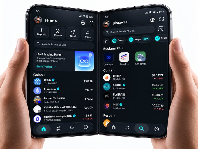 A pair of hands holding a foldable smartphone displaying two screens of a cryptocurrency trading app, showing coin prices, market caps, and a 'Start Trading Perps' section.