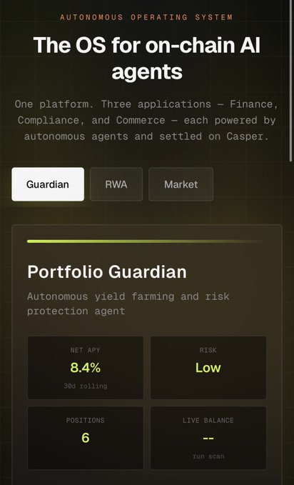 A mobile app or website interface for an 'Autonomous Operating System' and 'The OS for on-chain AI agents,' highlighting a 'Portfolio Guardian' with a Net APY of 8.4% and Low Risk across 6 positions.