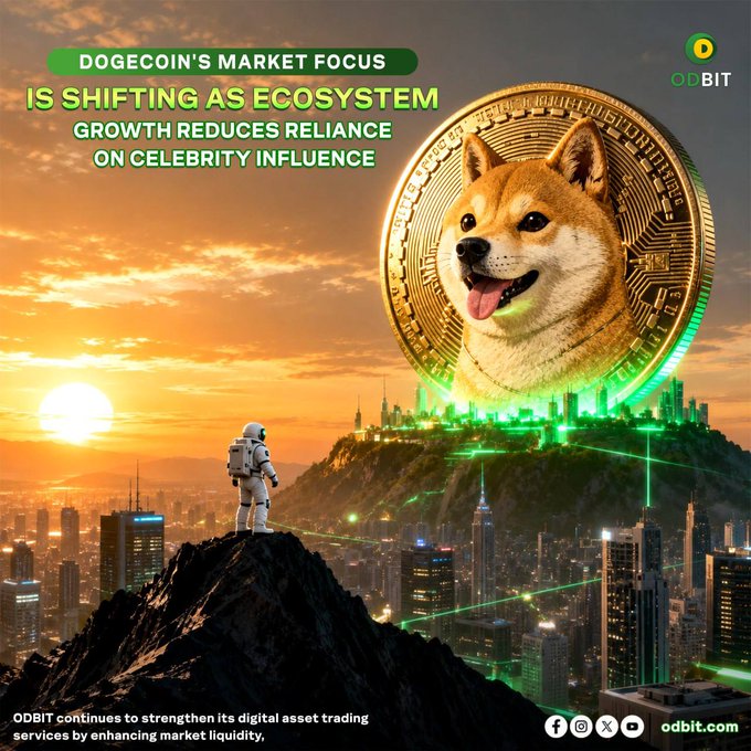 An astronaut stands atop a rocky peak overlooking a futuristic city at sunset, gazing toward a massive golden Dogecoin coin radiating green digital energy. The image features text reading "DOGECOIN'S MARKET FOCUS IS SHIFTING AS ECOSYSTEM GROWTH REDUCES RELIANCE ON CELEBRITY INFLUENCE," alongside the ODBIT logo and the ticker DOGE, visually symbolizing Dogecoin's expansion from meme-driven hype toward a broader, ecosystem-powered future.