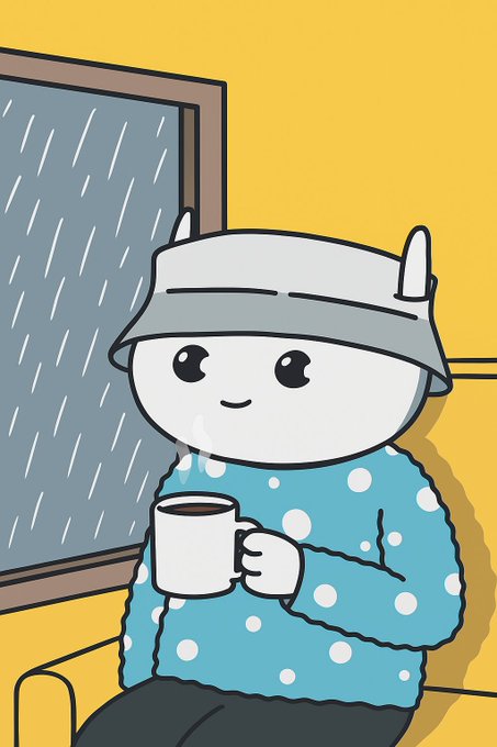 A cartoon illustration of a cute white character wearing a pot as a hat and blue polka-dot pajamas, holding a steaming mug while sitting by a rainy window.