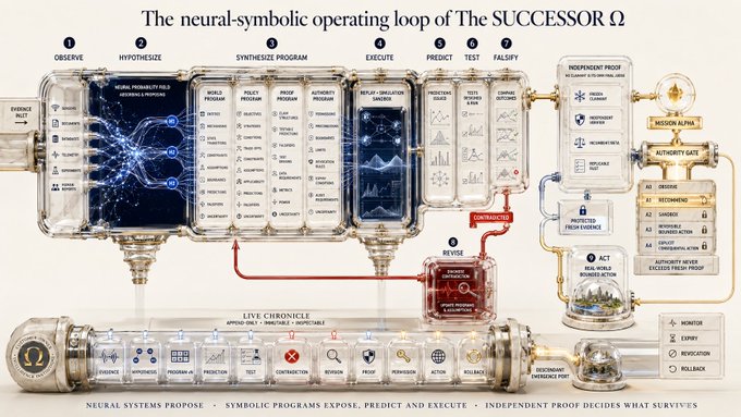 A complex infographic titled 'The neural-symbolic operating loop of THE SUCCESSOR Ω' illustrating an AI system with numbered stages from '1 OBSERVE' to '7 FALSIFY'.