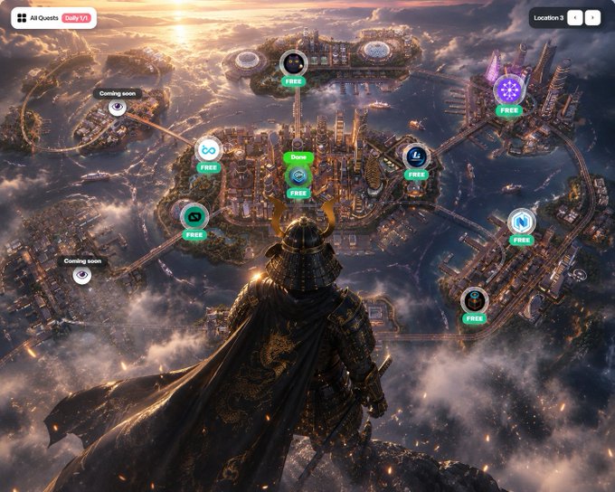A video game map view shows a samurai warrior looking out over an aerial cityscape with multiple location markers, most labeled 'FREE' with one marked 'Done' and others 'Coming soon'.