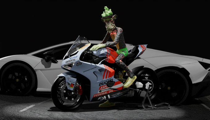 A surreal figure wearing a green mohawk wig and sunglasses sits on a Ducati motorcycle positioned in front of a Lamborghini sports car in a dark setting.
