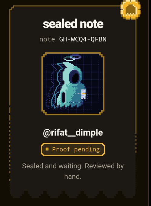 A digital "sealed note" card with ID GH-WCQ4-QFBN credits @rifat__dimple and displays a pixelated ghost illustration on a dark grid background, marked "Proof pending" and described as "Sealed and waiting. Reviewed by hand." The image ties into the post's playful "wen wen" repetition referencing the zkGhosts community, visually representing a pending submission within that ecosystem.