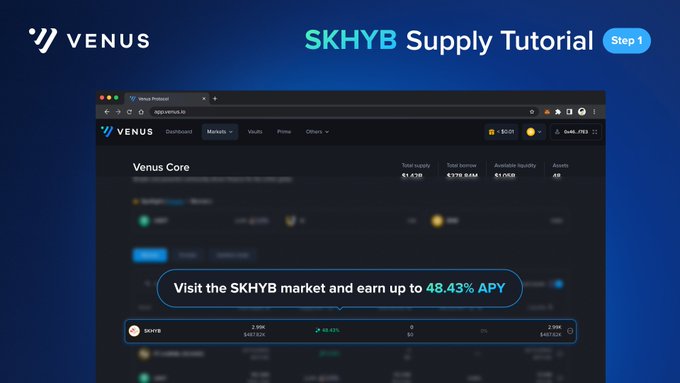 A Venus Protocol promotional image titled 'SKHYB Supply Tutorial - Step 1' showing the app's dashboard and instructing users to visit the SKHYB market and earn up to 48.43% APY.