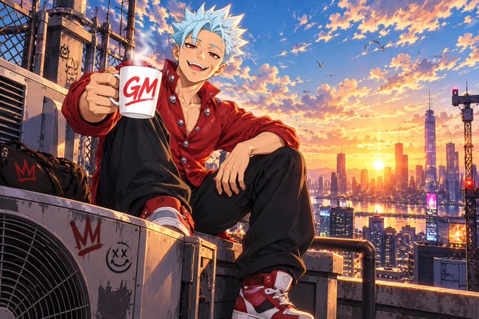 An anime-style illustration of a character with spiky light blue hair and a red jacket sitting on an air conditioning unit, holding a mug labeled 'GM' with a city skyline at sunset behind him.