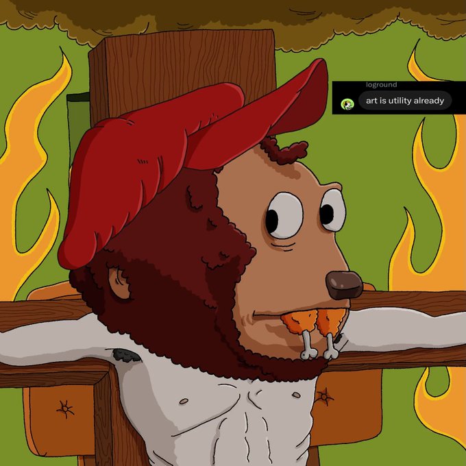 An illustrated cartoon bear wearing a red cap eats a chicken leg while bound to a wooden post surrounded by flames, with a chat message reading 'art is utility already' visible in the corner.