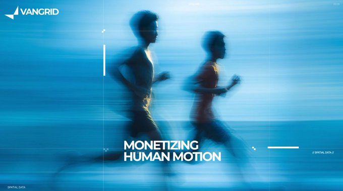 A blue-toned promotional graphic for VANGRID titled 'MONETIZING HUMAN MOTION', showing blurred silhouettes of two people running.