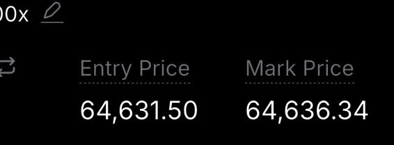 The image shows a trading interface displaying an Entry Price of $64,631.50 and a Mark Price of $64,636.34 for a Bitcoin long position. This aligns with the post showing the trader opening a long position on $BTC, anticipating potential downside if the price fails to hold current support levels.