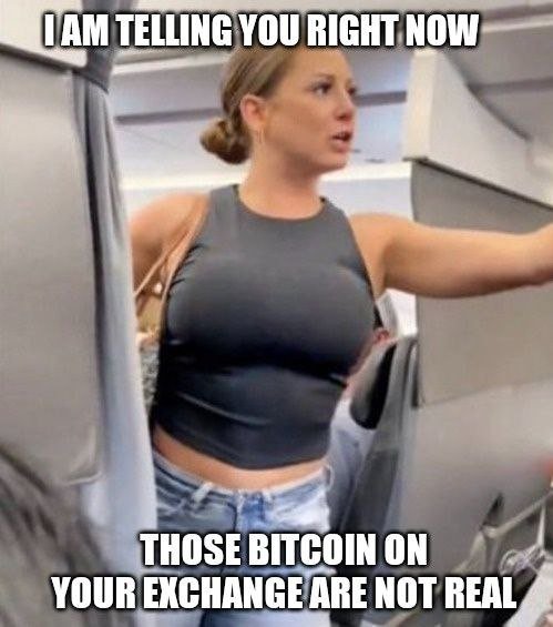 Meme of a woman in a fitting room, captioned 'I AM TELLING YOU RIGHT NOW / THOSE BITCOIN ON YOUR EXCHANGE ARE NOT REAL'.