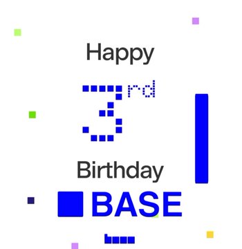 A birthday celebration graphic featuring "Happy 3rd Birthday BASE" text alongside a blue pixelated "3" candle, matching the post's congratulatory message for Base's third anniversary with a nod to bringing the "cake" for the milestone.