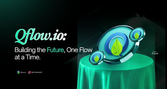 Promotional graphic for 'Qflow.io: Building the Future, One Flow at a Time,' featuring a 3D abstract spinning logo with a leaf icon on a green-lit pedestal.