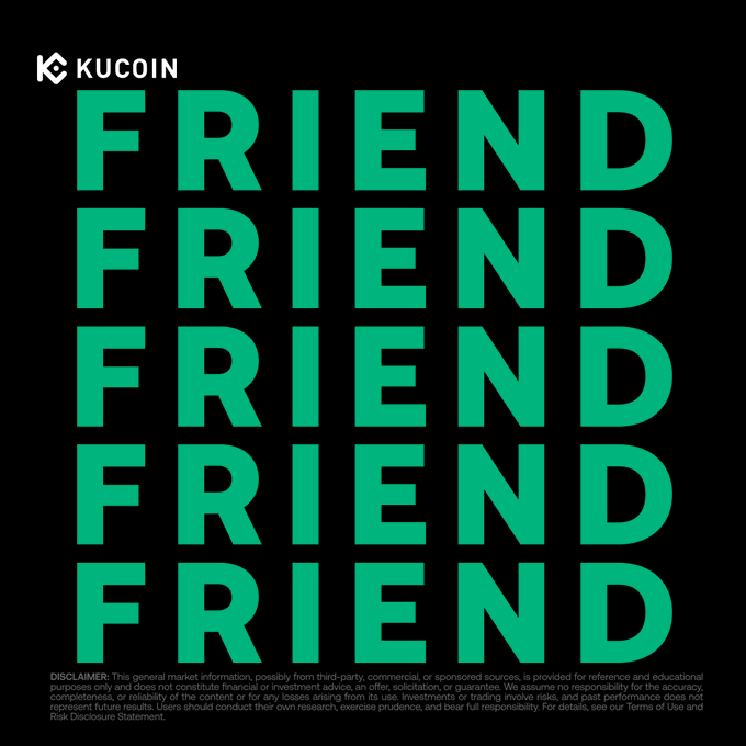 The image is a KuCoin promotional graphic featuring the KuCoin logo at the top left and the word "FRIEND" repeated five times in large green text against a black background. It ties into the "Race for a share of the $100,000 REWARDS POOL" referral campaign, with the repeated "FRIEND" emphasizing the friend-referral theme of the promotion.