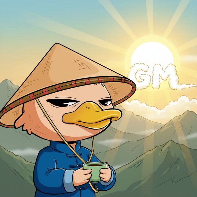 A cartoon illustration of a duck character wearing a traditional Vietnamese conical hat (nón lá) and blue clothing, holding a green cup with the letters 'GM' stylized in clouds against a sunny mountain backdrop.