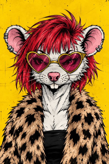 An illustrated anthropomorphic character with red hair, pink mouse-like ears with rings, and heart-shaped sunglasses wears a leopard-print fur coat against a vibrant yellow background.