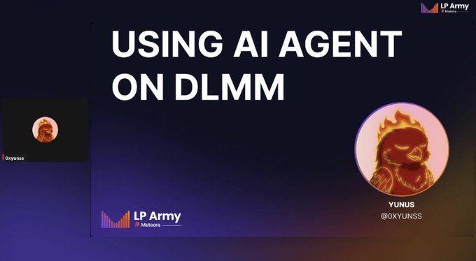 A presentation slide titled 'USING AI AGENT ON DLMM' by LP Army/Meteora, featuring speaker 'YUNUS' (@OXYUNSS) with a flaming skull avatar, while a participant 'onyoncs' appears in a small inset.