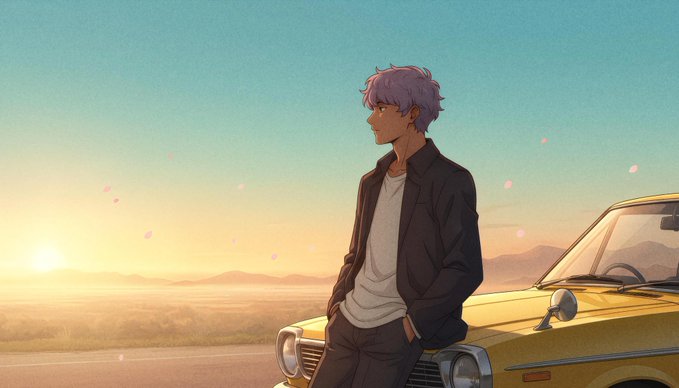 An anime-style illustration of a young man with purple hair leaning against a yellow convertible car, gazing into the distance against a warm sunset landscape.