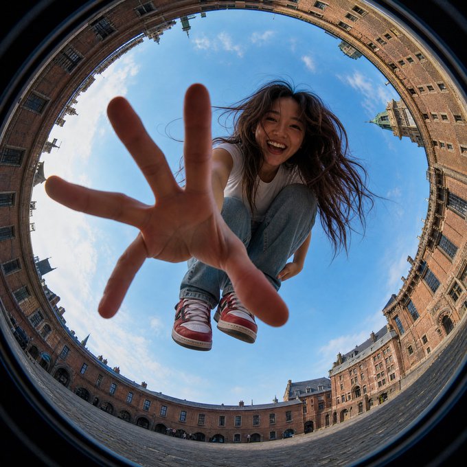 A fisheye lens captures a young woman with long dark hair, wearing a white t-shirt, jeans, and red Converse sneakers, jumping excitedly with her hand outstretched toward the camera against the curved backdrop of a historic brick building under a blue sky. The playful, energetic composition of someone leaping into action visually echoes the post's experimental, exploratory theme of coordinating smart appliance use through rest-data insights, with no visible text or numbers in the image itself.