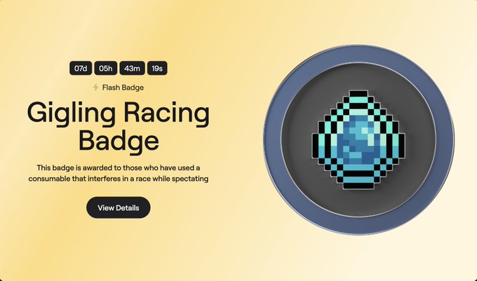 A 'Gigling Racing Badge' page shows a pixelated blue item with a countdown timer (07d, 05h, 43m, 19s), described as awarded to those who used a consumable that interferes in a race while spectating.