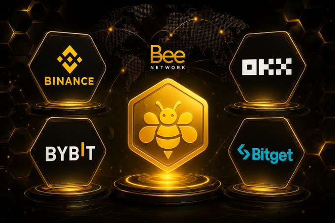 A promotional graphic featuring the "Bee Network" bee logo centered on a glowing golden hexagonal platform, surrounded by four cryptocurrency exchange logos—Binance, OKX, Bybit, and Bitget—arranged in matching hexagonal frames against a dark, networked world map background. The image visually represents the post's discussion about these four exchanges being debated by the Bee Network community as potential listing venues, with the central bee emblem symbolizing the project's growing credibility and the approaching Phase 3 milestone.