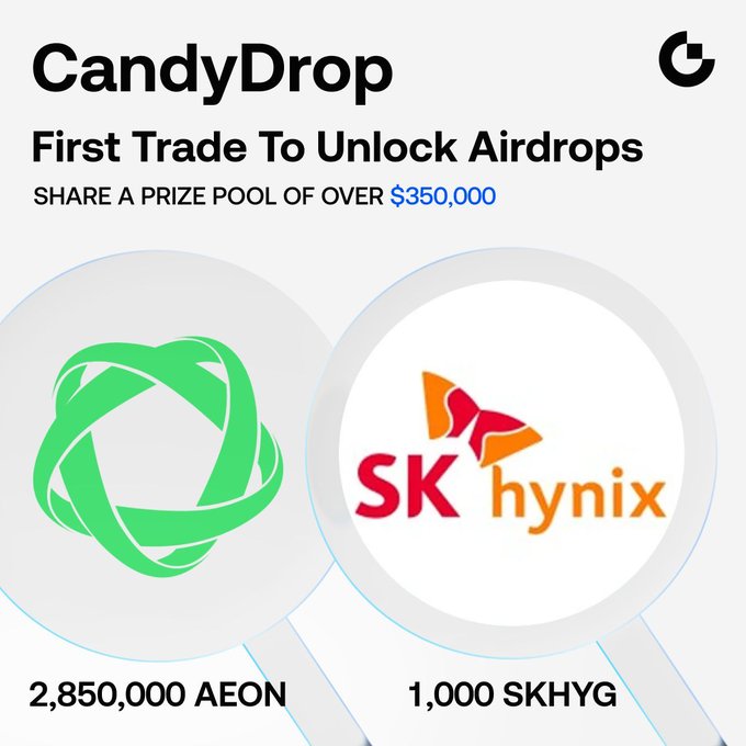 The CandyDrop event offers a $350,000 prize pool, with airdrops of 2,850,000 AEON and 1,000 SKHYG for first trades. This visual highlights the AEON and SK hynix tokens available through the promotion, aligning with the text about unlocking airdrops with initial trades.
