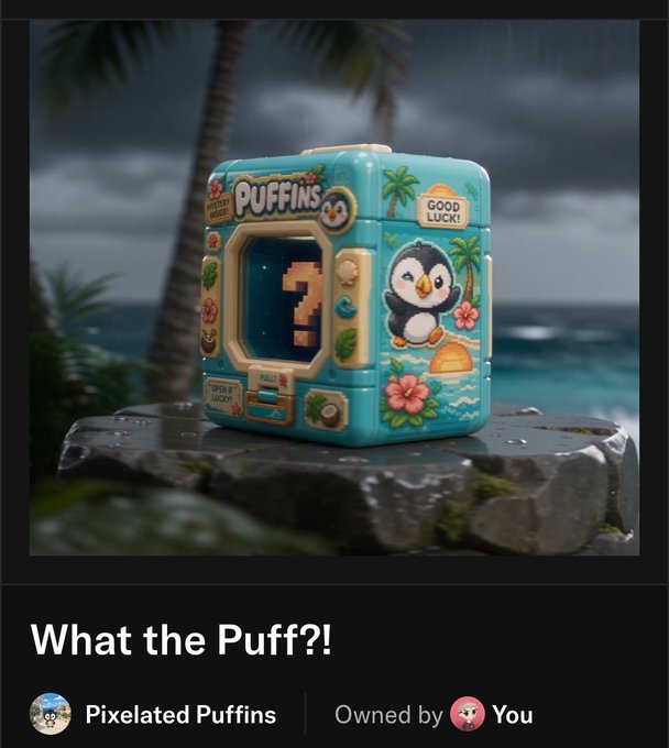 A 3D-rendered turquoise box labeled 'PUFFINS' with 'GOOD LUCK!' displayed on a pixelated screen, captioned 'What the Puff?!' and credited to 'Pixelated Puffins' owned by 'You'.