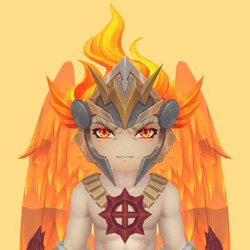 A 3D-rendered anime-style character with white hair, red eyes, and a silver/gold helmet, surrounded by orange flames against a yellow background.