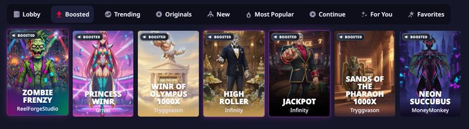 A screenshot of a ReelForge gaming platform lobby shows boosted slot games including Zombie Frenzy, Princess Winnr, WINR of Olympus 1000X, High Roller, Jackpot, Sands of the Pharaoh 1000X, and Neon Succubus.