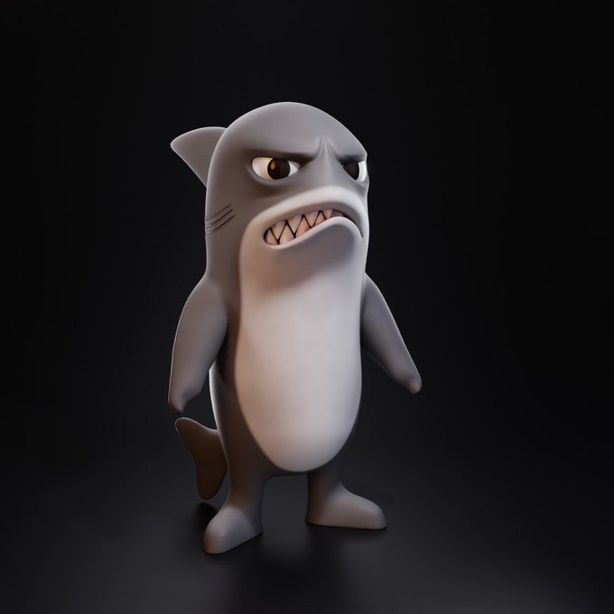 A 3D-rendered cartoon shark character standing upright with an angry expression, showing sharp teeth against a dark background.