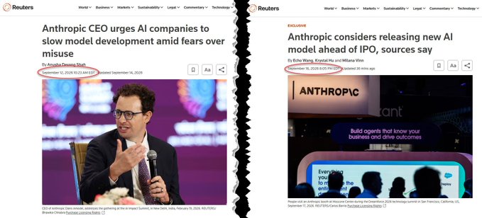 Two Reuters article screenshots side by side: left shows 'Anthropic CEO urges AI companies to slow model development amid fears over misuse' by Angela Dewan-Staff from September 12, 2025, and right shows 'Anthropic considers releasing new AI model ahead of IPO, sources say' by Echo Wang from December 16, 2025.