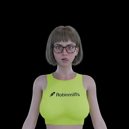 A 3D-rendered female avatar with glasses and a bob haircut wears a neon yellow crop top displaying the text "Robinmilfs," which appears to be the name of a Robinhood NFT collection referenced in the post as the user's highest-return investment flip.